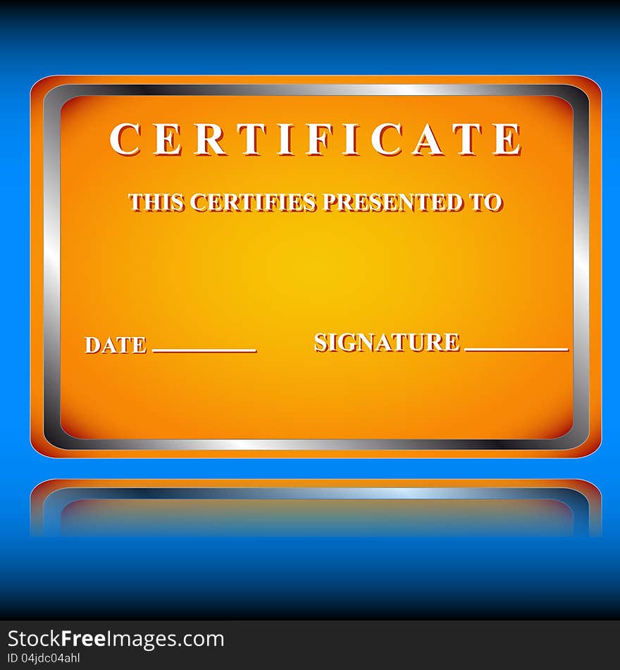 The orange certificate in unique style on a dark blue background. The orange certificate in unique style on a dark blue background