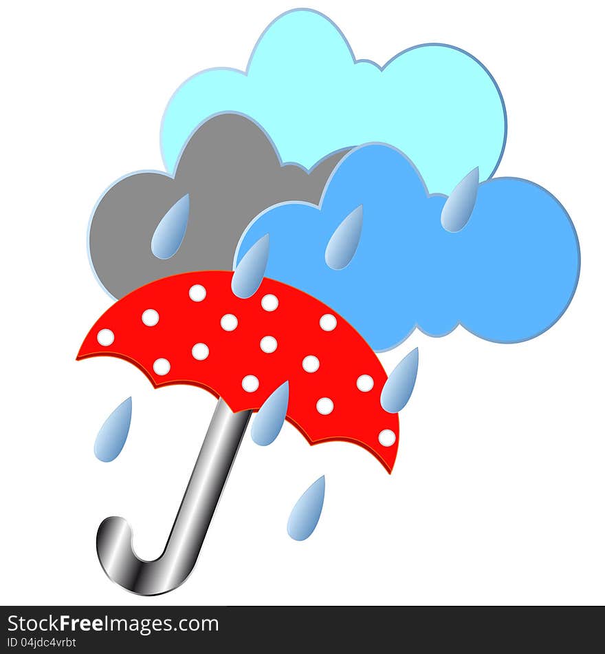 Red umbrella with rain clouds and drops. Red umbrella with rain clouds and drops