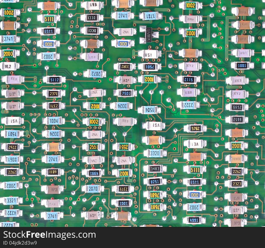 Microprocessor chips on circuit board. Set of resistors on a board. Seamlessly tileable. Can be used as texture. Microprocessor chips on circuit board. Set of resistors on a board. Seamlessly tileable. Can be used as texture.