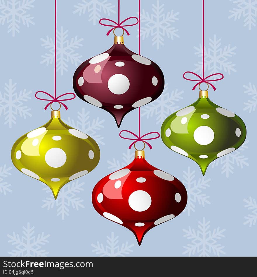 Christmas background with three colorful polka dot balls and snowflakes