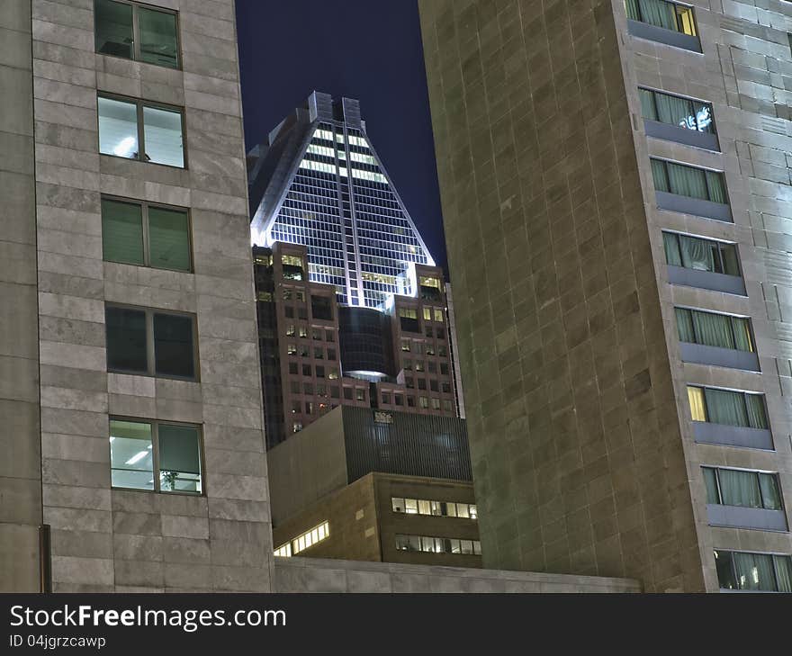 Buildings at night beetween the queen hotel  blue hour