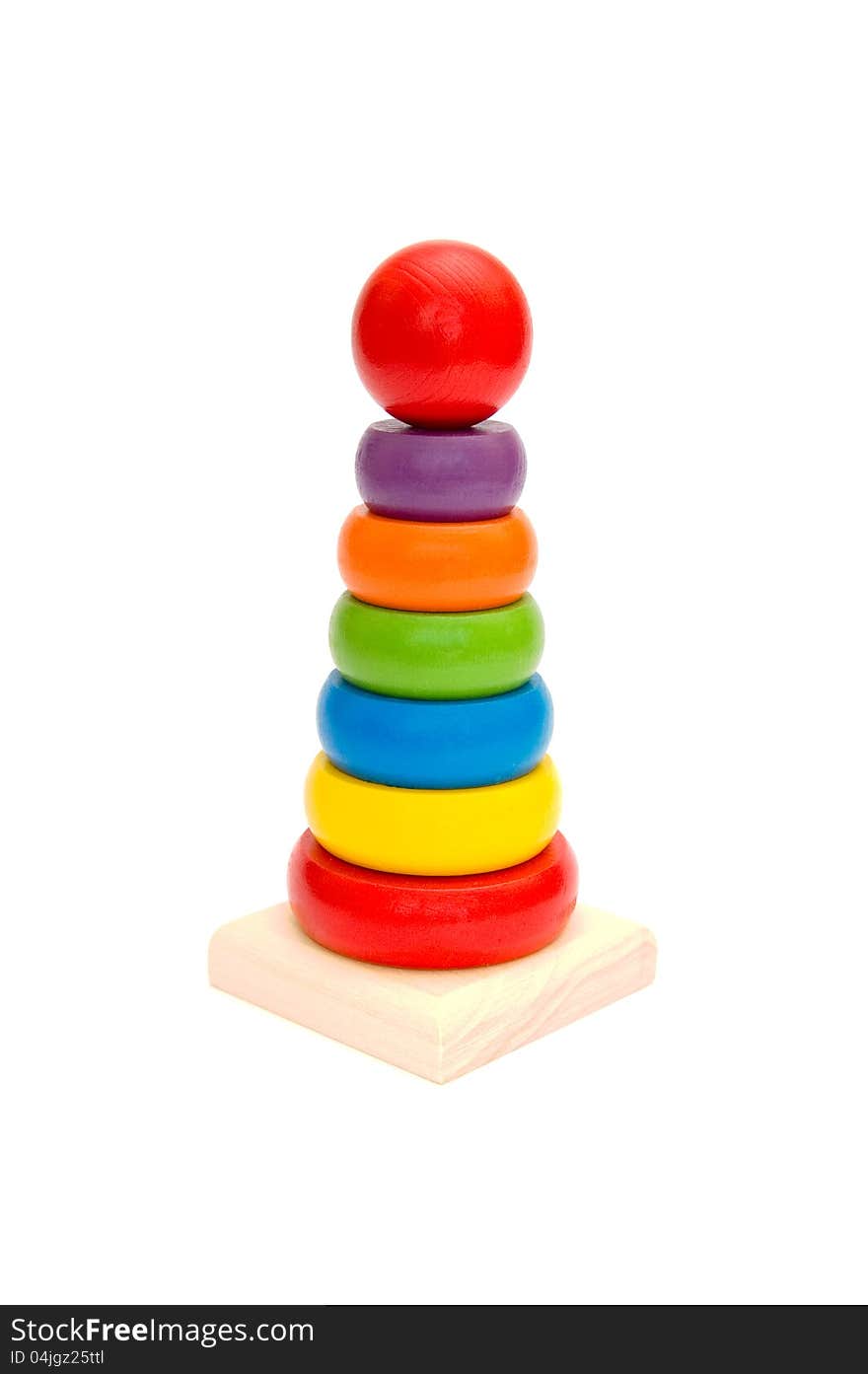 Child toy wooden colorful tower on white background