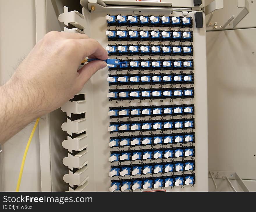 The optical fiber connectors in a patch panel. The optical fiber connectors in a patch panel.