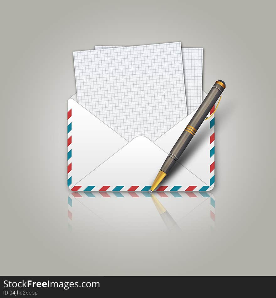 Illustration of postal envelope and pen background.