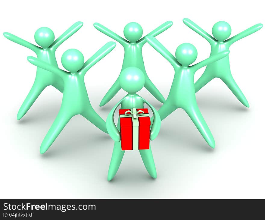 A cartoon man holding a red gift box and a group of cartoon men with hands and feet outward. A cartoon man holding a red gift box and a group of cartoon men with hands and feet outward