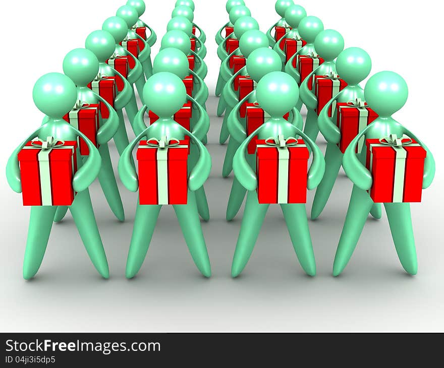 An array of cartoon men holding red gift boxes. An array of cartoon men holding red gift boxes