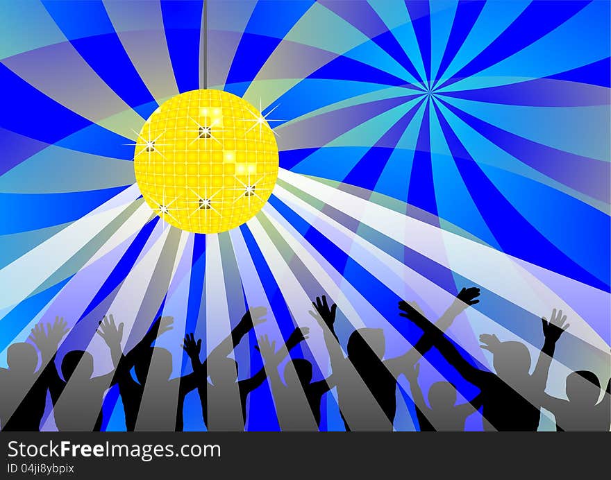 Abstract poster of disco ball with rays and silhouets of people