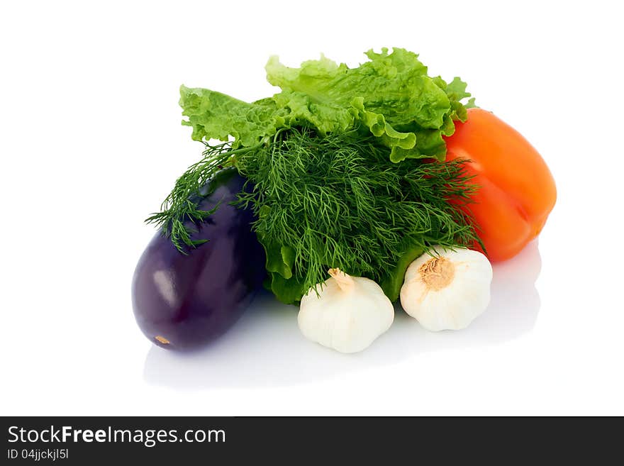 Fresh vegetables: pepper, salad, garlic, dill and eggplant isolated on white. Fresh vegetables: pepper, salad, garlic, dill and eggplant isolated on white