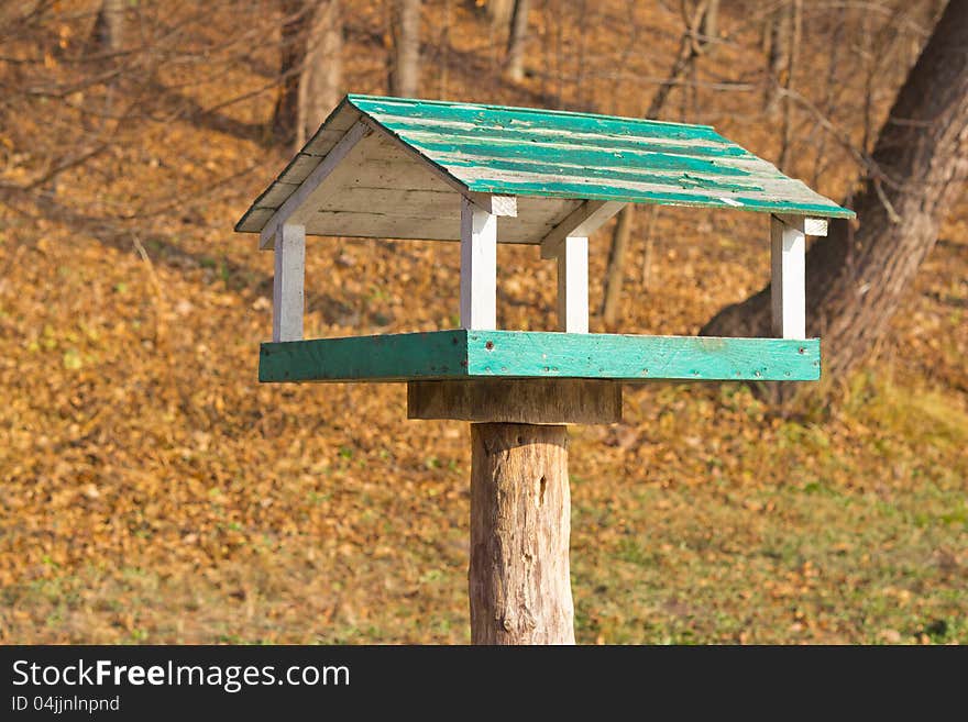 Wooden bird feeder in the park