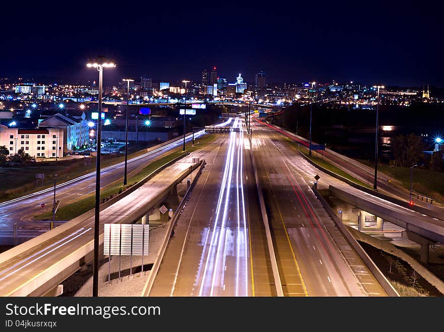 Looking over I74 from a bridge at night. Looking over I74 from a bridge at night