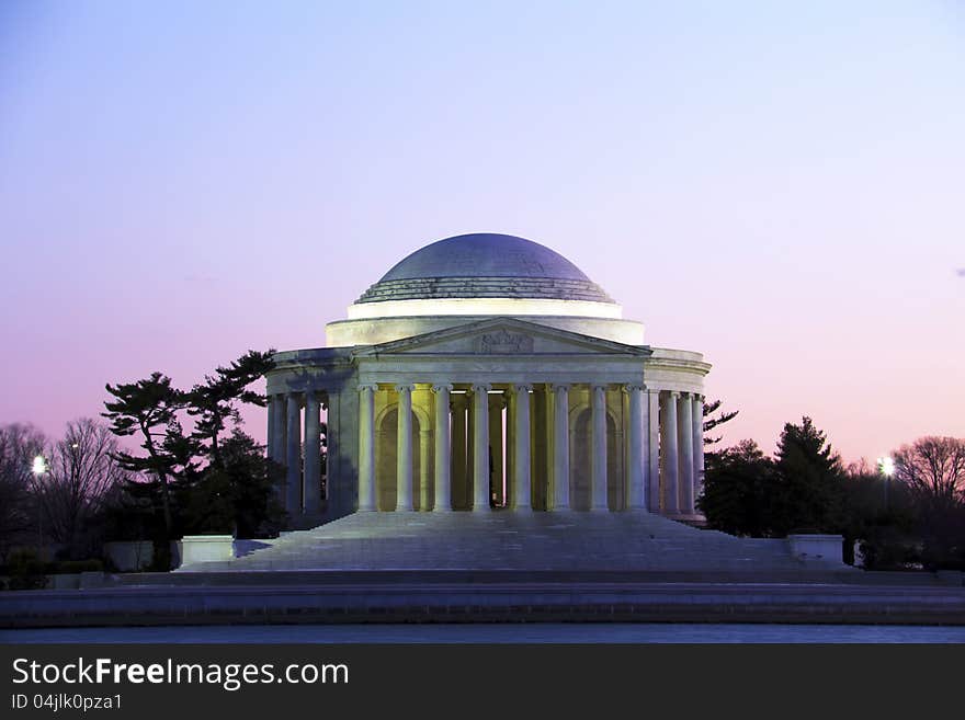 The Thomas Jefferson Memorial photographed across the Tidal Basin during and after sunset The memorial, in Washington, DC, is dedicated to Thomas Jefferson, the third president of the United States