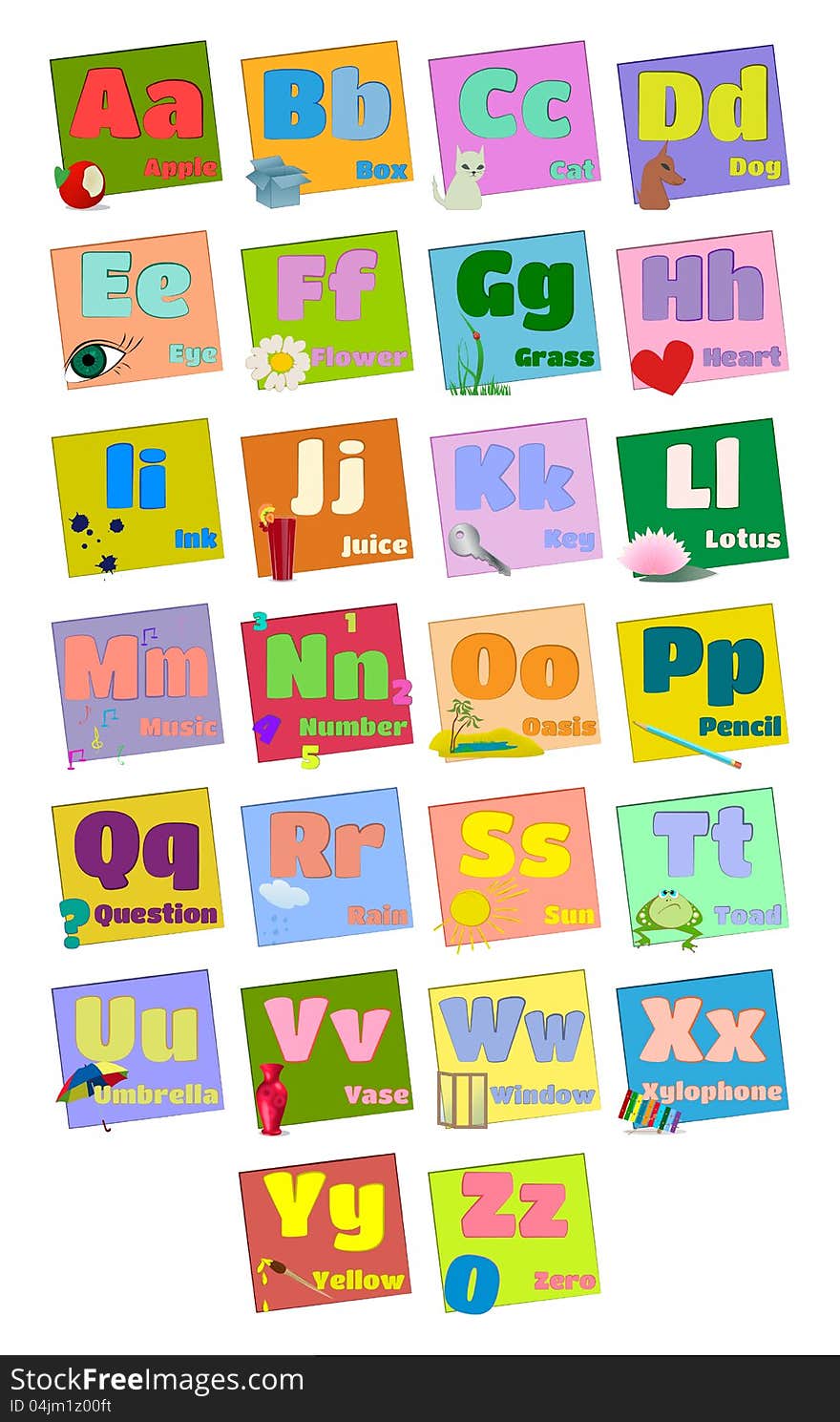 Colorful alphabet letters with words starting with each and their image