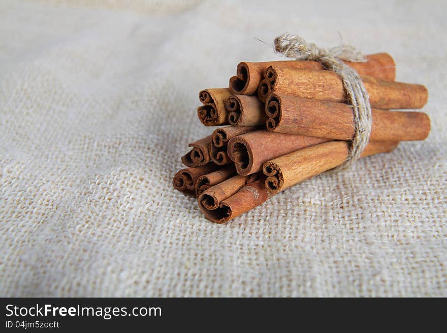 Closeup of cinnamon sticks on cotton canvas