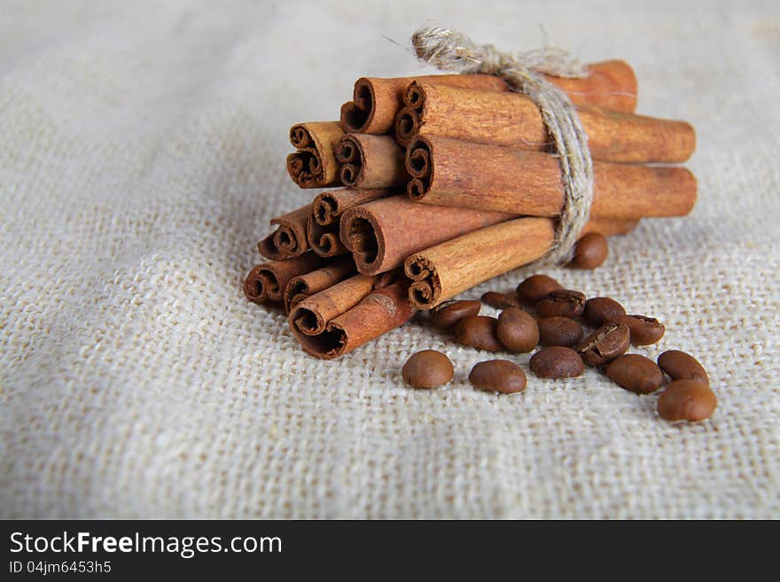 Cinnamon sticks and coffee beans on cotton canvas