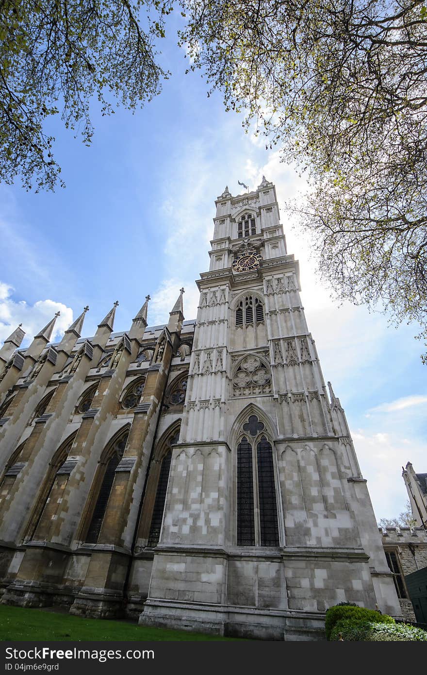 Northern facade of Westminster Abbey in London. The abbey is the venue for many royal occasions such as weddings, coronations and burials.