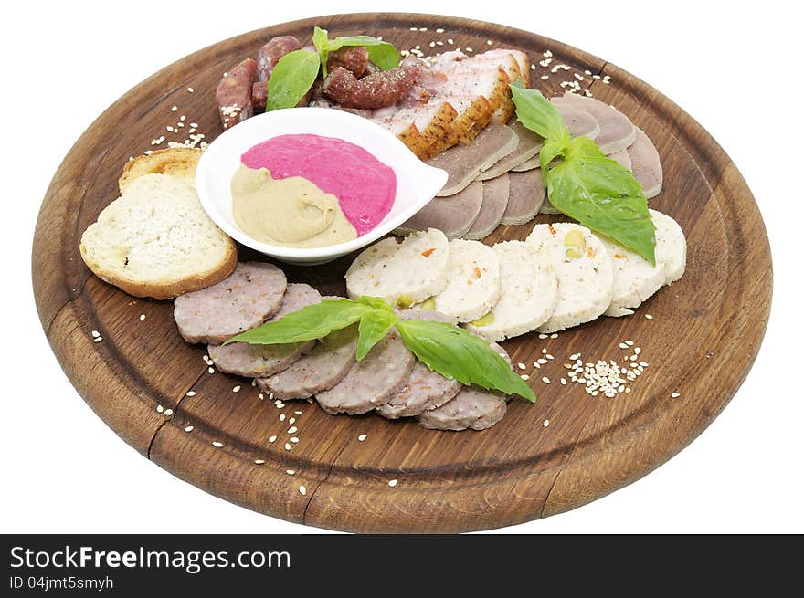 A plate of sausage and bacon on white background. A plate of sausage and bacon on white background