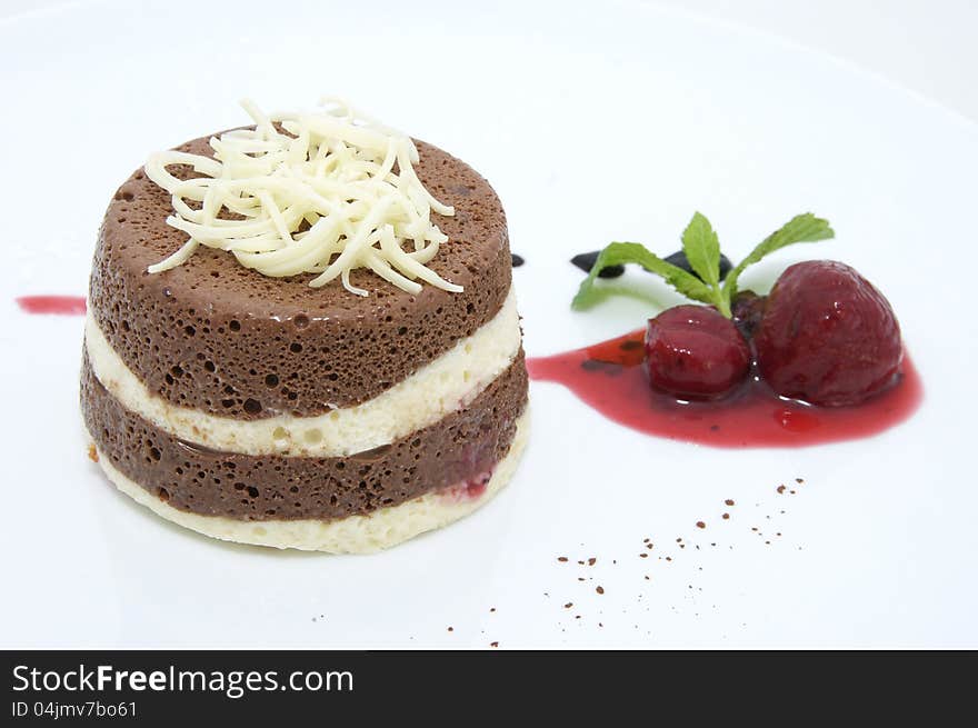 Creamy chocolate desserts and ice cream on a white background