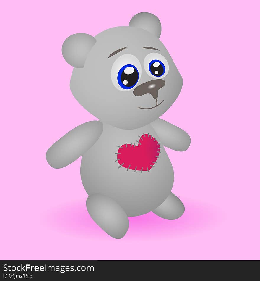 Teddy Bear with a heart sewn isolated on pink background