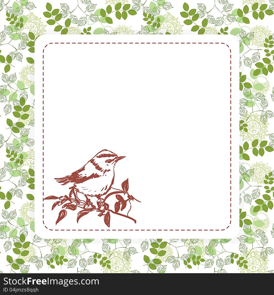 Vector summer background with leaves and bird for card. Vector summer background with leaves and bird for card