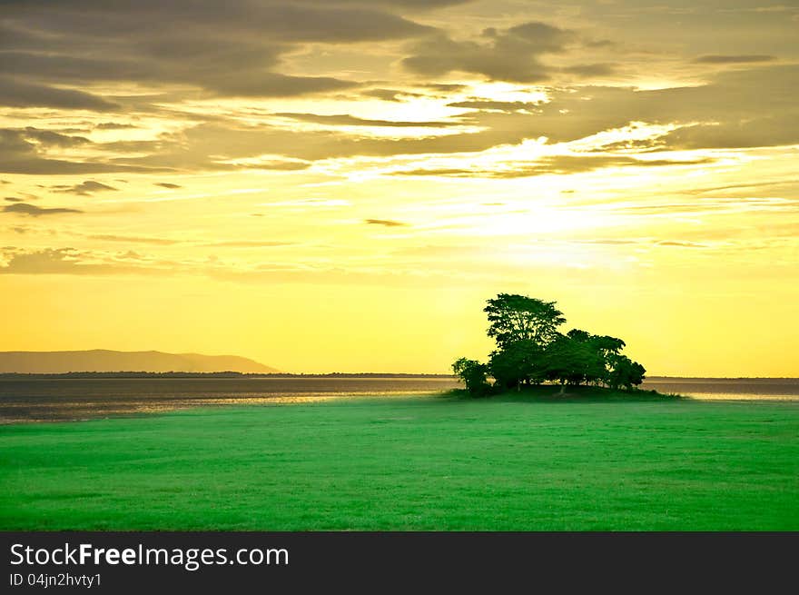 Green Island With Golden Sky