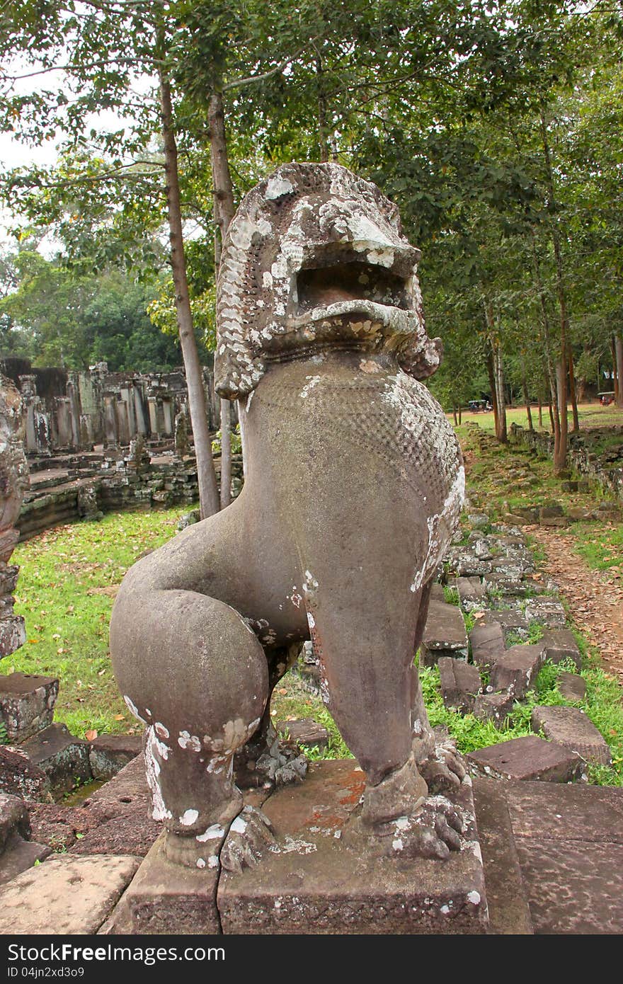 Lion statue in Prasat Bayon, Angkor Thom, Siamreap, Khmer Republic