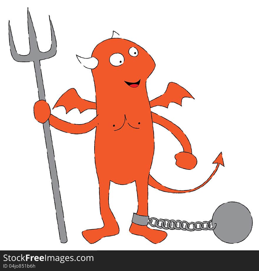 Represent a red devil holding a trident. the devil is in chains. Represent a red devil holding a trident. the devil is in chains.