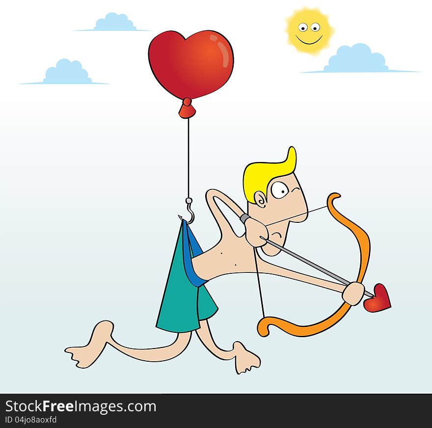 Represent a cupid who use a heart shape balloon to fly, and he is about to attack his target. Represent a cupid who use a heart shape balloon to fly, and he is about to attack his target.