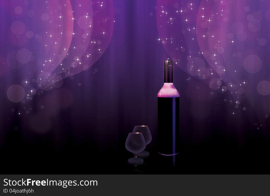 Illustration of wine bottle and glass on violet background. Illustration of wine bottle and glass on violet background.