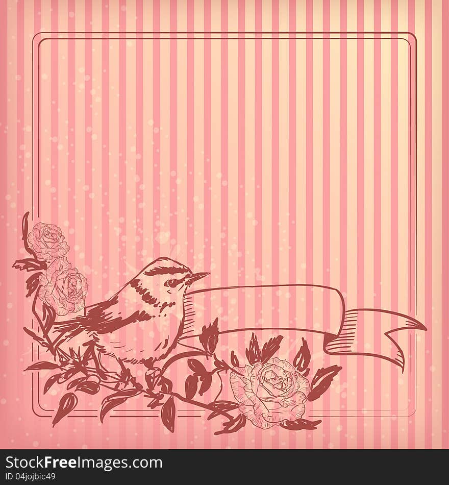 Romantic vector hand drawn pink background with bird, roses and ribbon for cards and invitation. Romantic vector hand drawn pink background with bird, roses and ribbon for cards and invitation