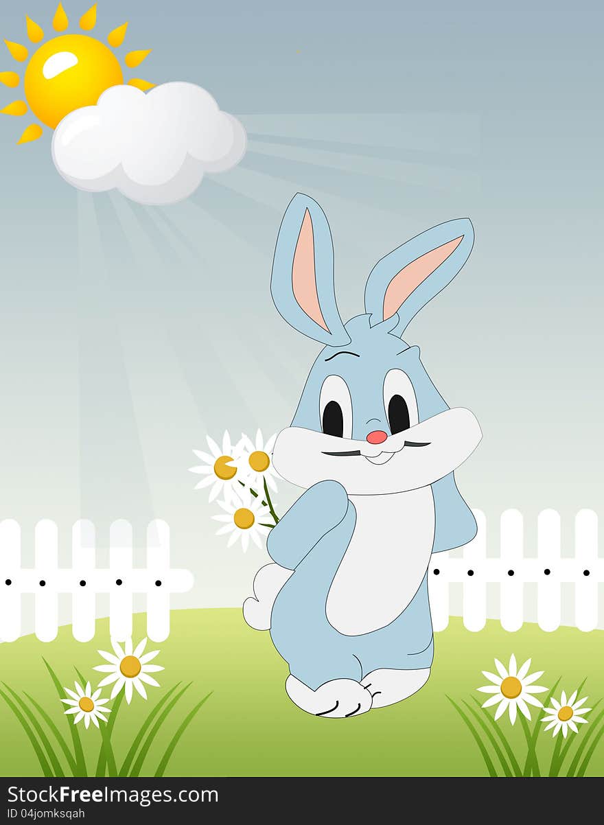 Meadow with bunny holding flower - illustration. Meadow with bunny holding flower - illustration.