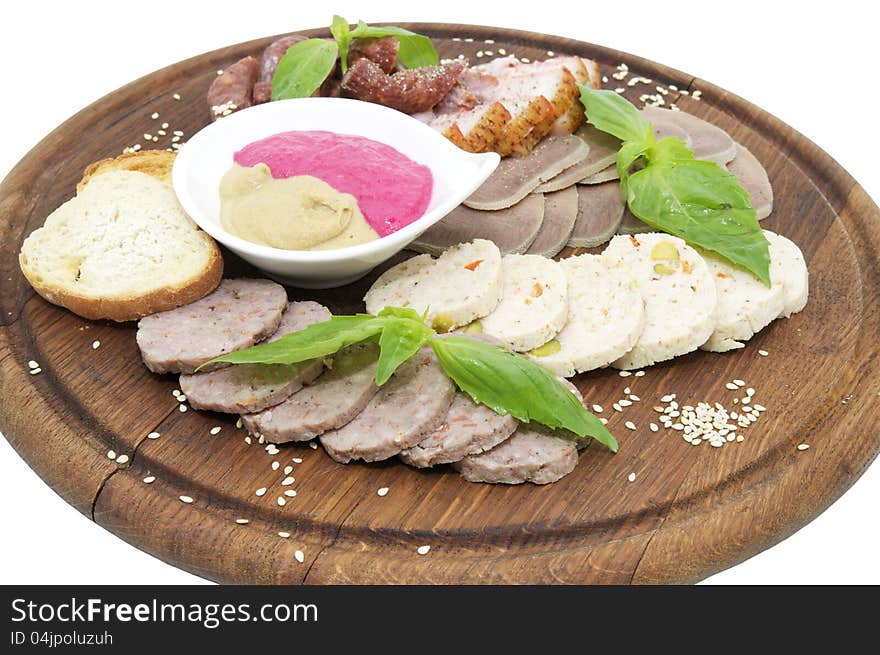 A plate of sausage and bacon on white background