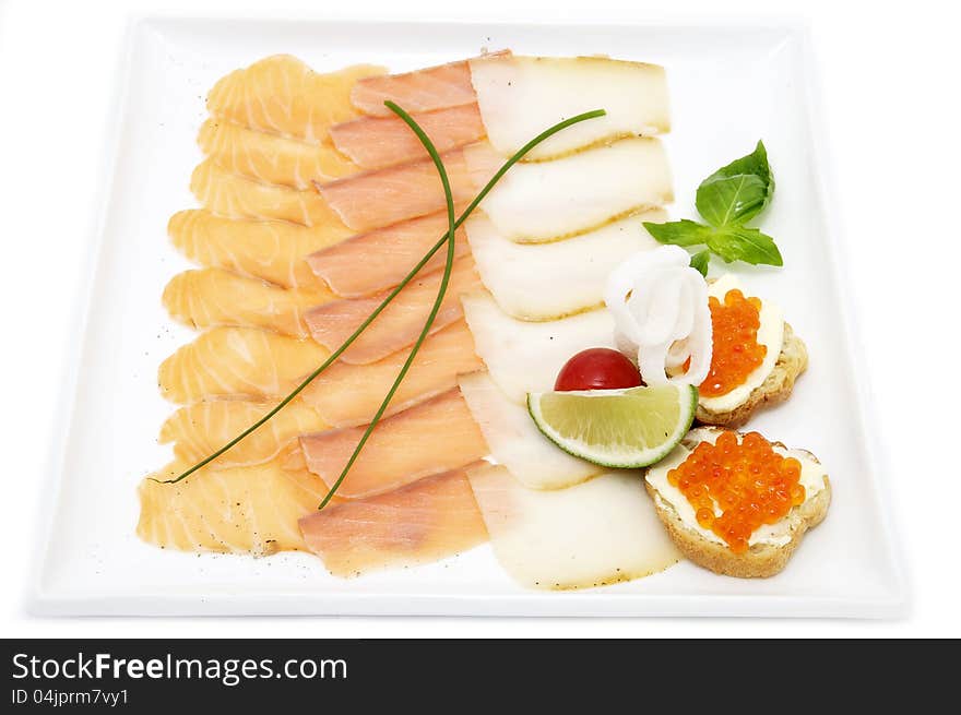 Sliced caviar sandwiches on white background