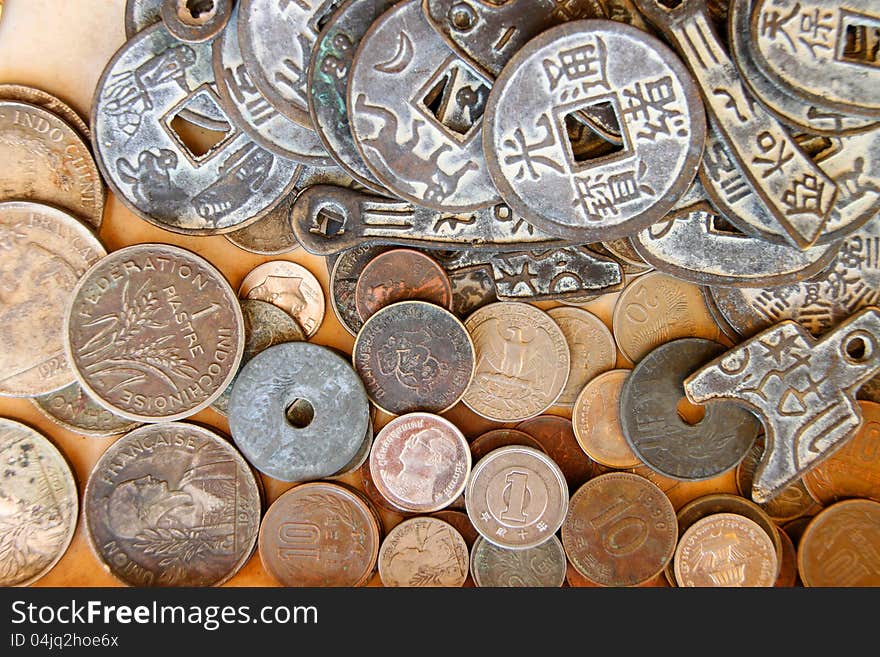 Piles of coins and souvenirs in Siamreap, Khmer Republic