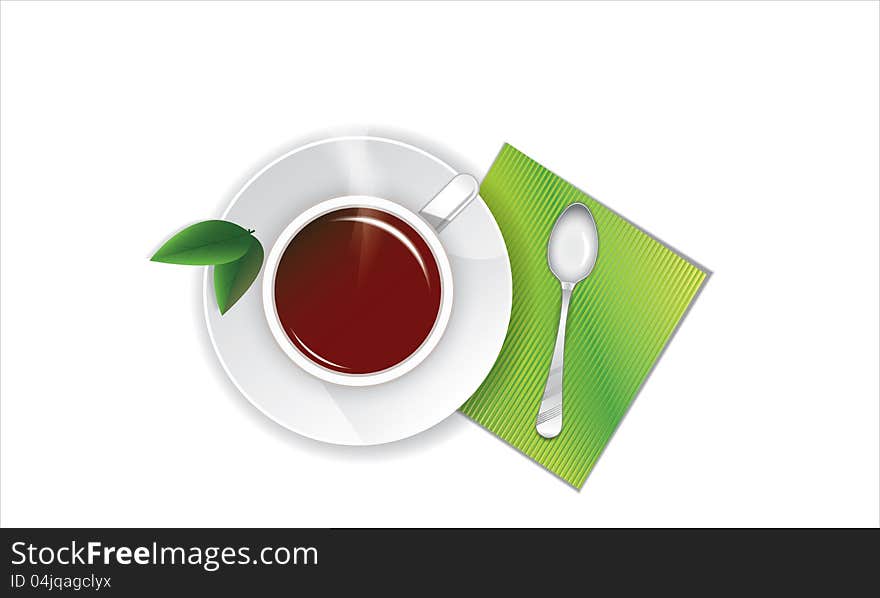 Cup of tea with green leaves and a spoon on a napkin