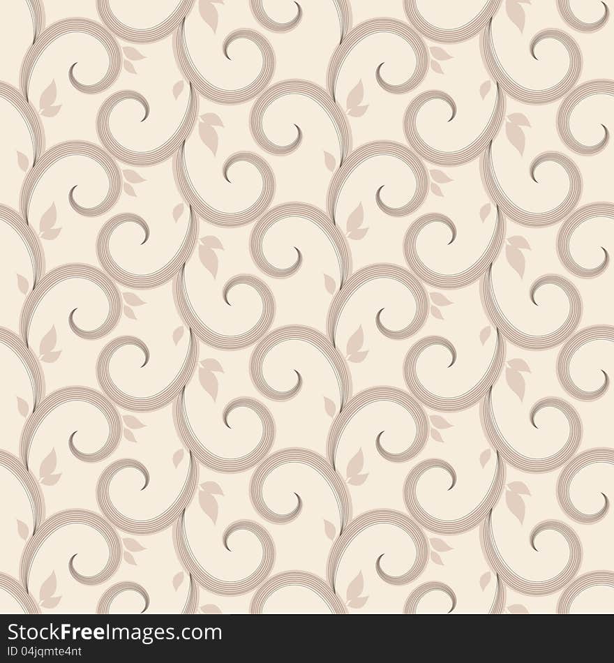 Vector seamless beige pattern with swirls and leaves. Vector seamless beige pattern with swirls and leaves