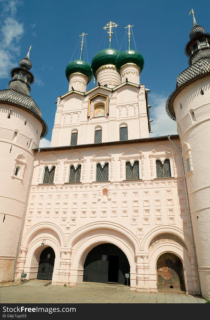 Entrance to the Rostov Kremlin and church of St. John the Evangelist. Included in World Heritage list of UNESCO. Entrance to the Rostov Kremlin and church of St. John the Evangelist. Included in World Heritage list of UNESCO.