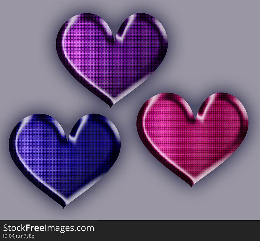 Computer illustration of three coloured 3d hearts with chocolate texture. Computer illustration of three coloured 3d hearts with chocolate texture