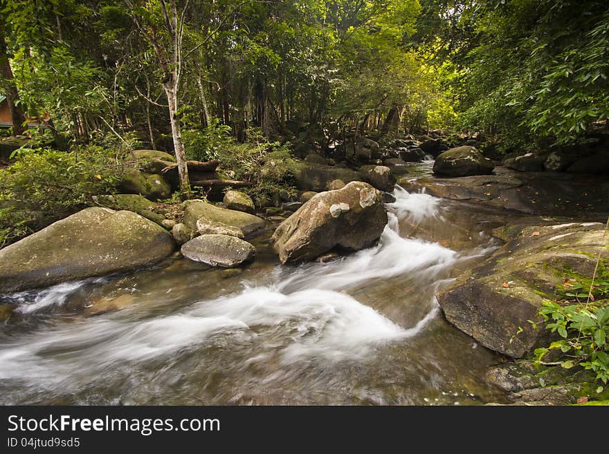 A beautiful temperate rainforest with waterfalls.The Khoa Chamoun Water Fall in Rayong Thailand.