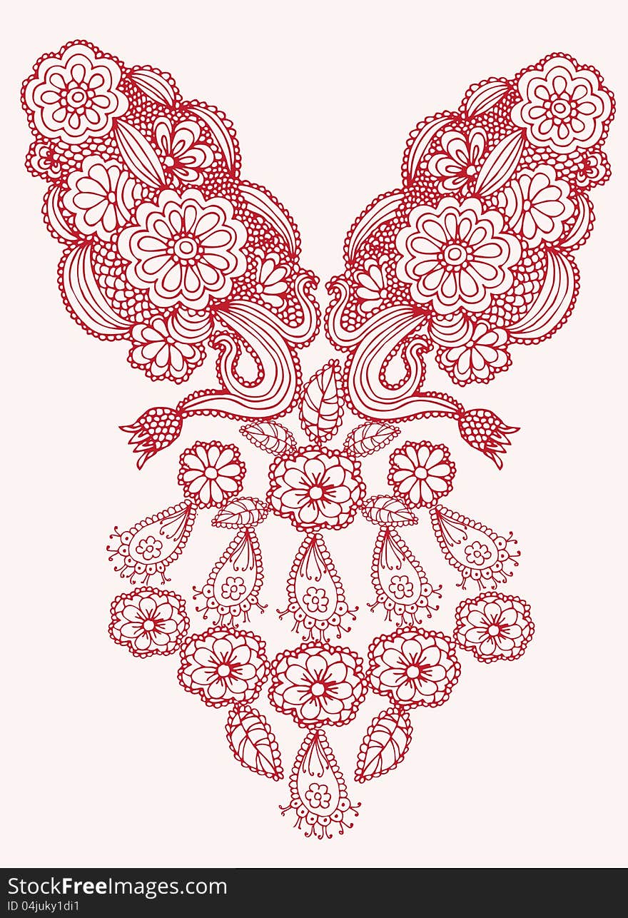 Neckline embroidery fashion- red elements on light red background