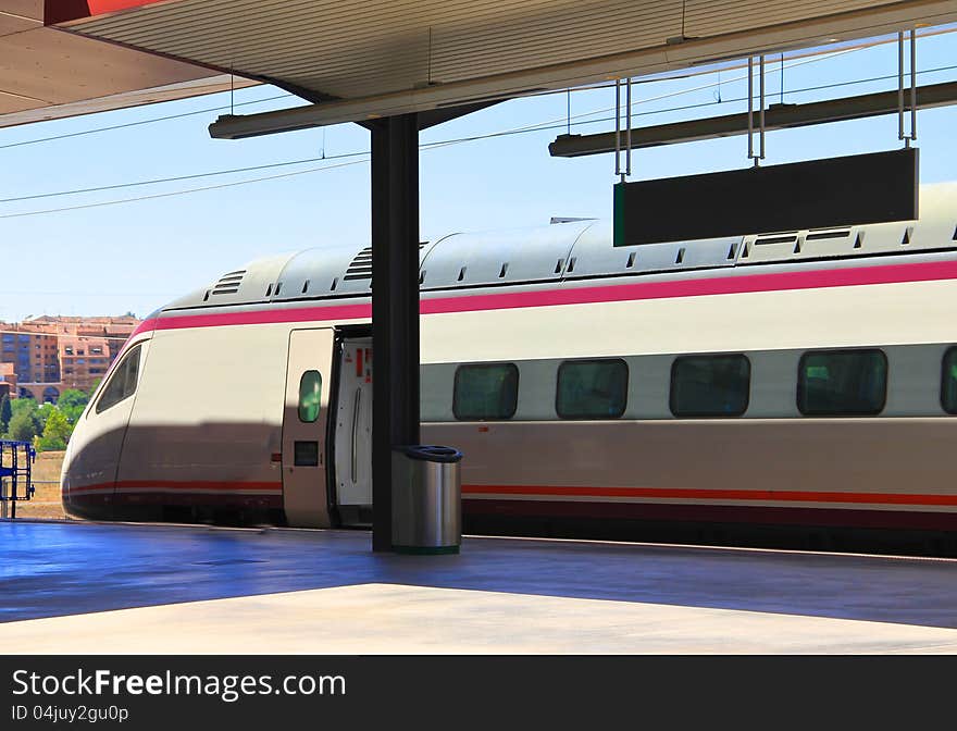 High speed train at the station in Toledo, Spain. High speed train at the station in Toledo, Spain