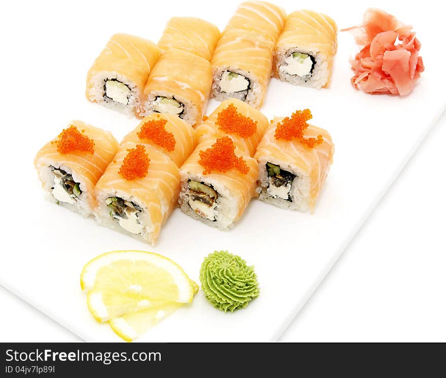 Japanese sushi fish and seafood on white background