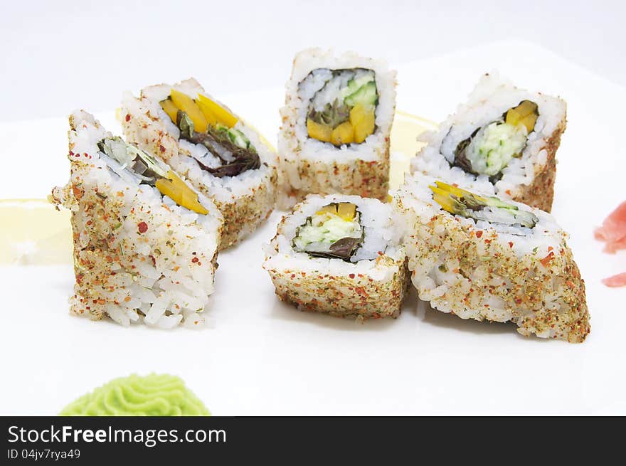 Japanese sushi fish and seafood on white background