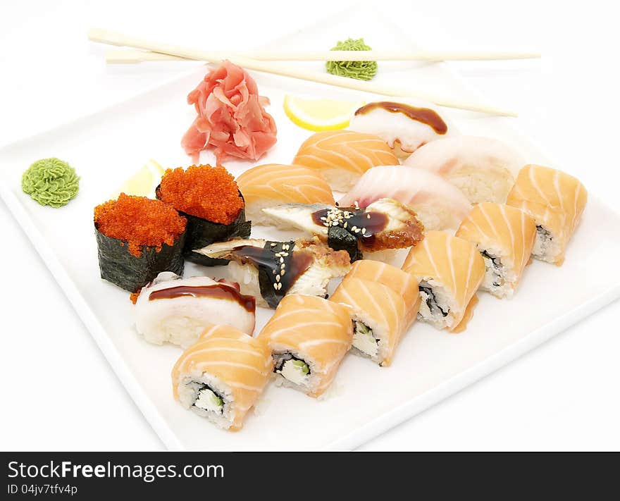 Japanese sushi fish and seafood on white background