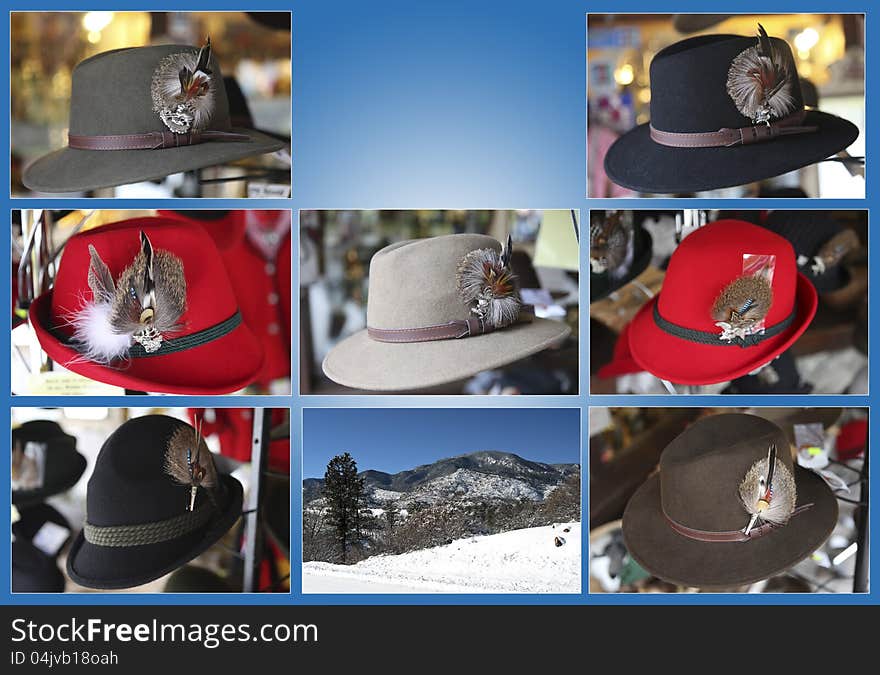 A collage of 7 hats in an array of styles and colors. A collage of 7 hats in an array of styles and colors