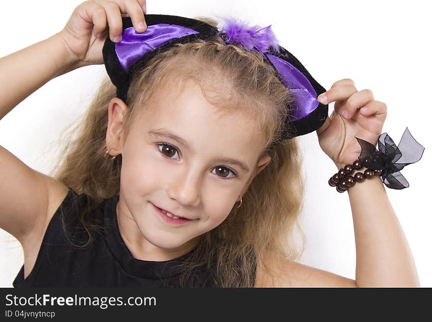 Cheerful little girl smile. White isolated.