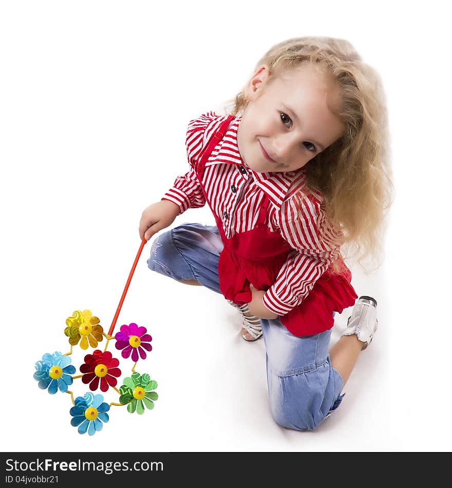 Cheerful little girl smile. White isolated.