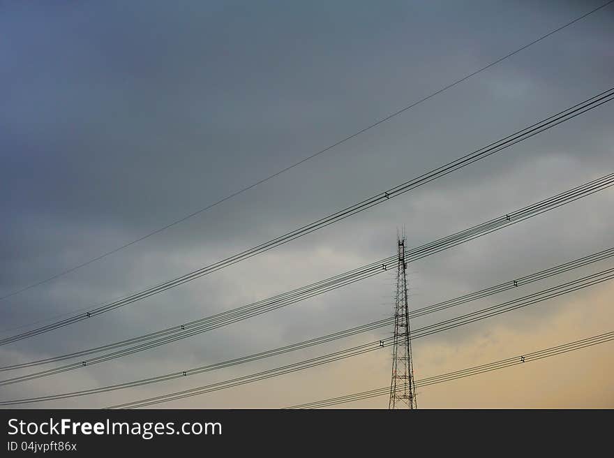 High voltage towers in storm. High voltage towers in storm.