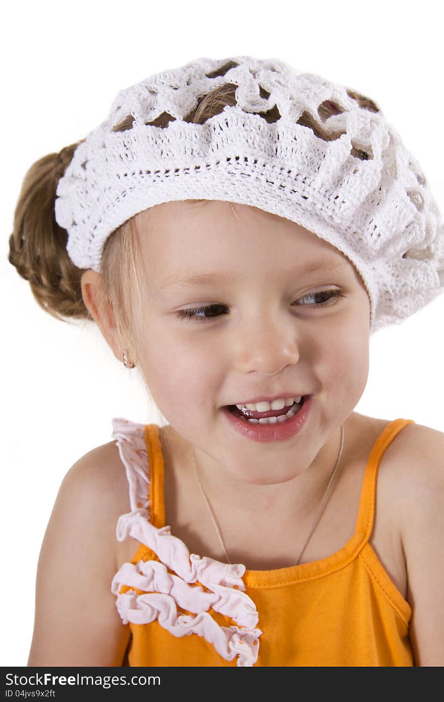 Cheerful little girl smile. White isolated.