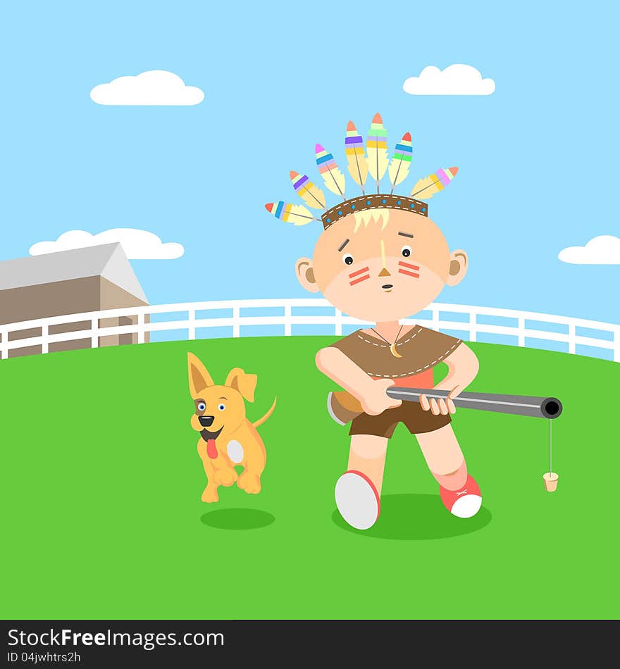 Boy playing in hunting. Vector illustration