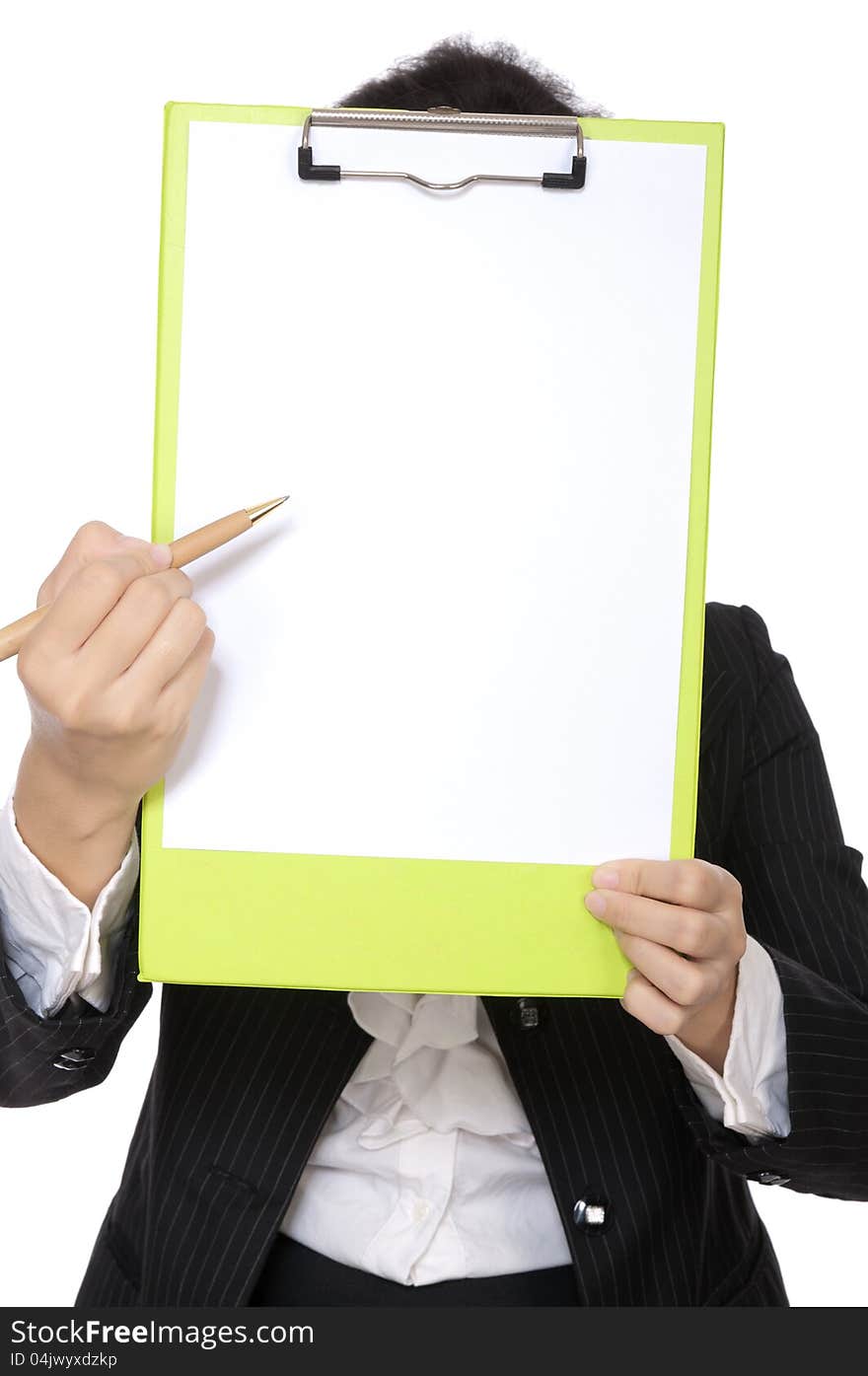 Business woman holding clipboard isolated over white background. You can put your message on the paper. Business woman holding clipboard isolated over white background. You can put your message on the paper.